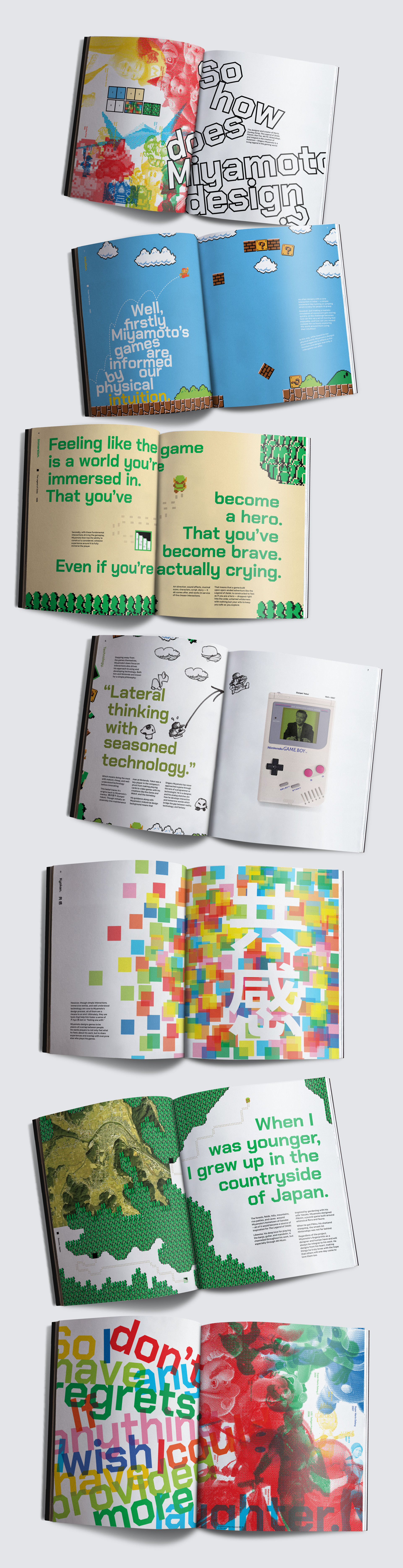 booklet spreads, a poster, and digital screen displaying my designed identity system for Shigeru Miyamoto.